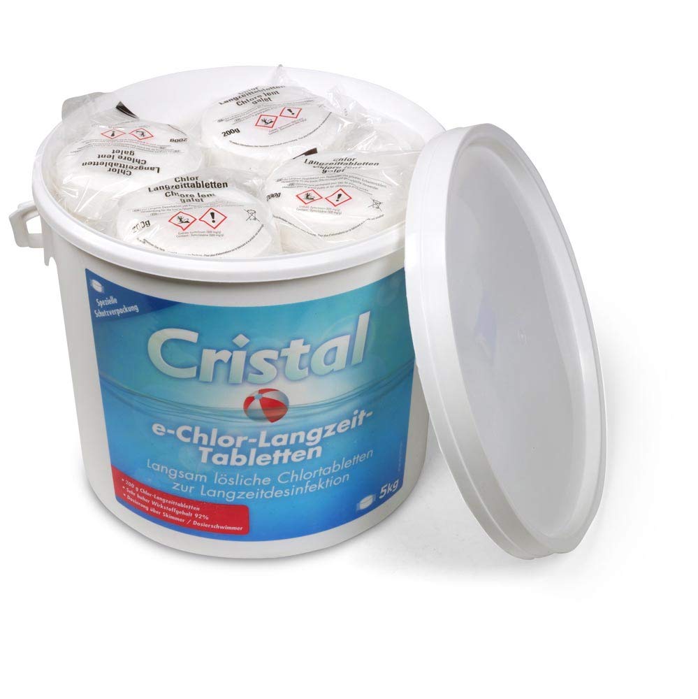 Cristal e-Chlor Langzeit-Tabletten 5 kg - 200 g Chlortabletten - Langzeitdesinfektion - Pools ab 20.000 l - Langsam löslich - Hoher Aktivchlorgehalt