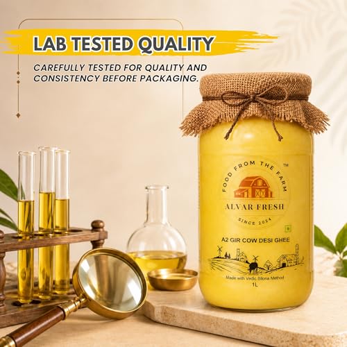 Image of Alvar Fresh A2 Gir Cow Desi Ghee 1 Litre | Traditional Vedic Bilona Method | Pure Cultured Ghee from Gir Cow Milk | Natural Aroma & Rich Taste | Premium Glass Jar Packaging