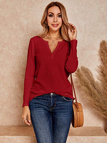 Dellytop 3Y3356RD1L Womens Casual Loose Long Sleeve Waffle Knit Tops V Neck Thermal Warm Shirts Light Pullovers Red thumb #1