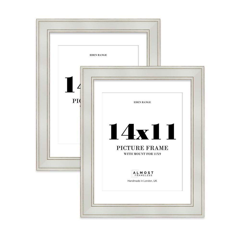 14x11" Light Grey Picture Frame with 11x9" Mount - Shabby Chic Photo Frame with Distressed Finish, Gold Trim, Wall Hooks and Kickstand, 37mm Edge - 2 Pack