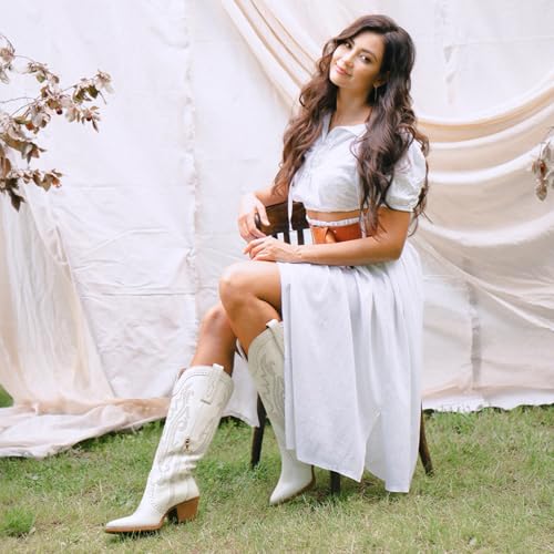 Image of Rollda Cowboy Boots for Women Cowgirl Boots Embroidered Knee-High Western Boots Pointy Toe with Chunky Heel