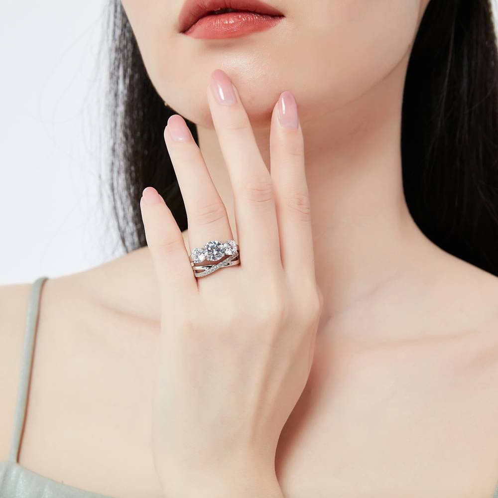 Juego de anillos de compromiso de boda de plata de ley con 3 piedras, 2 quilates, corte redondo, circonita cúbica, infinito, para mujer, chapado en rodio, Plata de ley Circonia cúbica 5
