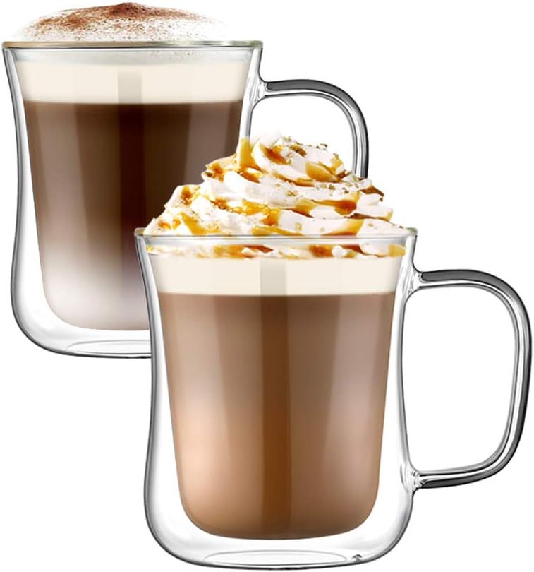 Double Walled Clear Glass Coffee Mug (Set of 2), 11.8 oz Espresso Cup with Handle 2 Pack, 350ml Double Insulated Mug for Beer, Tear, Cappuccino, Latte and others