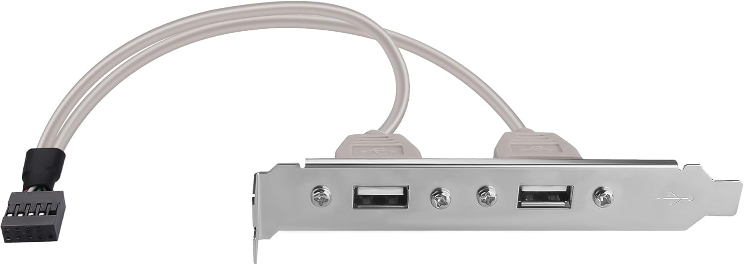 2-Port USB 2.0 Rear Panel Bracket, PCI Slot Mount Stainless Steel Adapter with 30cm Cable, 9-Pin Header Connector for PC Case - Plug & Play