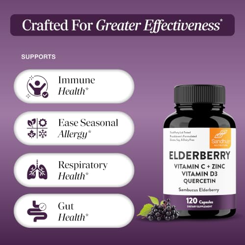 Image of Elderberry Vitamin C and Zinc Capsules with D3 and Quercetin, 120 Count