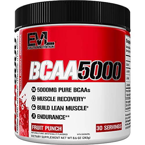 Evlution EVL BCAAs Amino Acids Powder - BCAA Powder Post Workout Recovery Drink and Stim Free Pre Workout Energy Drink Powder - 5g Branched Chain Amino Acids Supplement for Men - Fruit Punch
