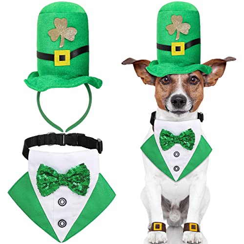 2 Pack St. Patrick's Day Dog Bandana Collar with Bow Tie and Pet Costume Hat Small Green Dog Bow Tie Collar Irish Dog Tuxedo St Patrick Costume for Dogs Puppy Cat Pet Party Dress-up Cosplay
