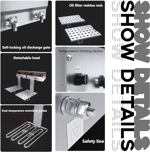 Kommerzielle Fritteuse, kommerzielle elektrische Fritteuse, 26 l, Doppeltank, schnelle Ölfritteuse für die Arbeitsplatte mit Körben, Abflüssen und Deckeln, einstellbare Temperatur, Edelstahl-Fritteu – Bild 8