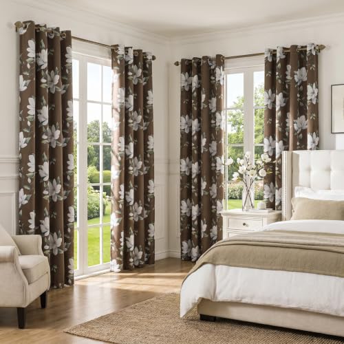 Image of MYSKY HOME Floral 95% Blackout Curtains 90 Inch Long 2 Panels Set for Kitchen White Flower Printed Thermal Insulated Light Blocking Black Out Grommet Window Treatments, 52 inch W Each Panel, Brown