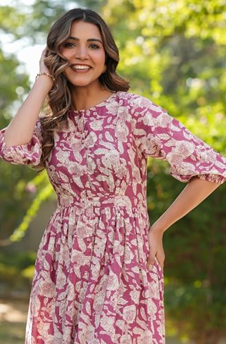 Image of Janasya Women's Cotton Floral Printed Gathered Dress