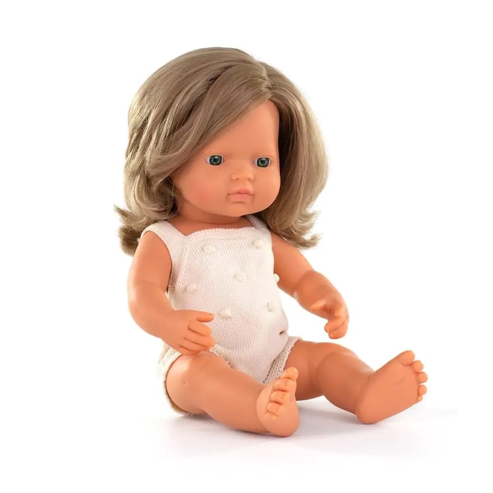 MinilandBaby Doll Dark Blonde Girl 38cm with Cream Rompers, 31287