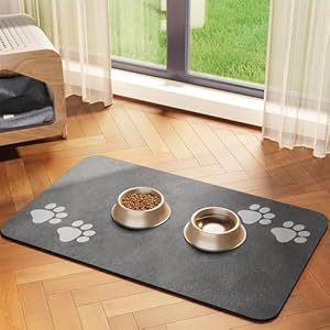 Cat & Dog Feeding Mat for Food and Water Bowl, Absorbent-No Stains Quick Dry Dog Water Bowl Dispenser Mat, with Waterproof-Anti-Slip Rubber Backing Pet Placemat for Messy Drinkers, Dark Grey-12″x20″