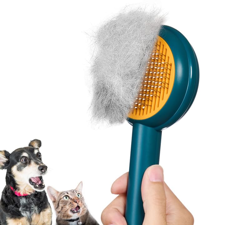 HICC GROOM! Grooming Brush for Pets, Self Cleaning Cat Brush with Release Button, Shedding Brush for Short or Long Haired Cats/Dogs/Rabbits, Massage Removes Loose Fur, Tangles (Blue)