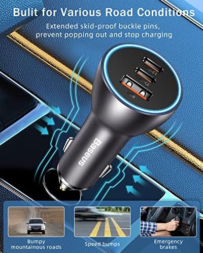 Baseus USB C Car Charger 65W, PD & QC Car Charger Adaptor, 3 Ports Independent Fast Charging Car Phone Charger for iPhone 13 12 11 Pro Samsung iPad Macbook