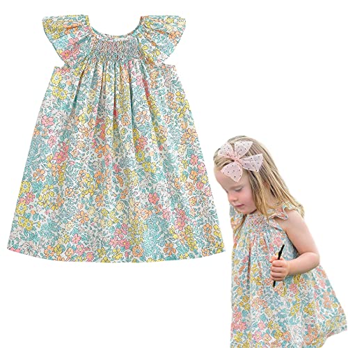 Image of Simplee kids Baby Girls Casual Dress Toddler Smocking Dress Floral Print Sundress for Spring Summer 1-6 Years