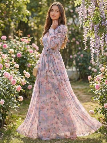 Image of TOLEEN Summer Casual Dresses for Women 2024 Spring Fashion Boho V Neck Long Sleeve Ruffle Floral Print Elegant Maxi Dress