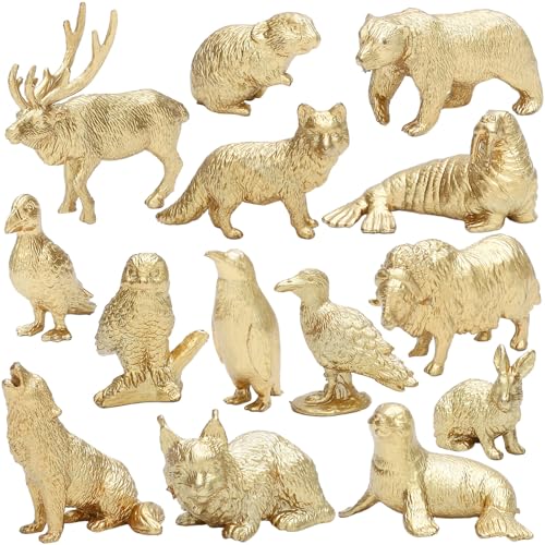 ONEST Juego de 14 mini animales árticos dorados de plástico, figuras de animales polares, tundra ártica, ciervo, oso blanco, zorro ártico, regalo de cumpleaños