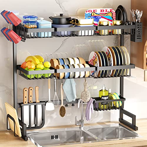 SNTD Dish Drying Rack, Over The Sink Dish Drying Rack Adjustable (from 33.8'' to 41.5''), Large Dish Rack with Utensil Holder Caddy Stainless Steel Dish Drainer for Kitchen Counter, Black, 3 Tier by SNTD - Used condition - US$47.50