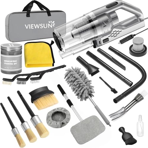 Viewsun Car Cleaning Kit, 17PCS Car Interior Detailing Kit with Gray High Power Handheld Vacuum, Detailing Brush Set, Windshield Cleaner, Cleaning Gel, Complete Auto Accessories for Men, Women
