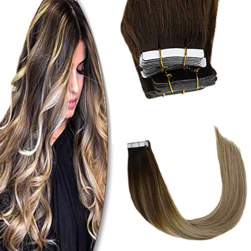 YoungSee 20inch Remy Human Hair Tape Extensions Balayage #Dark Brown Fading to Dark Ash Blonde with Golden Blonde Ombre Tape in Hair Extensions Real Human Hair 20pcs/50g