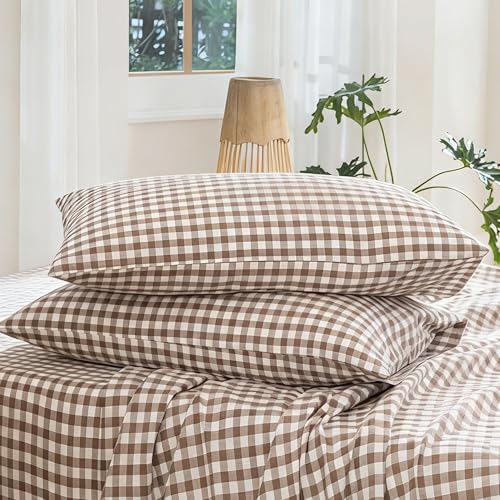 MOOMEE Gingham Pillowcase Set of 2 100% Washed Cotton Linen-Like King