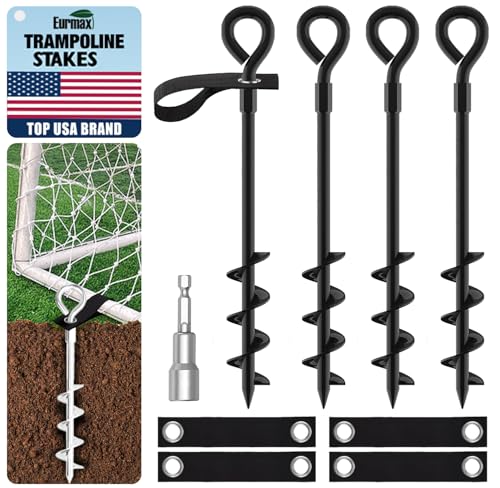 Image of Eurmax USA Trampoline Stakes Screw in Tent Stakes Parts Heavy Duty for Canopies,4-Pack Outdoor Anchor Kit with Straps(Black)