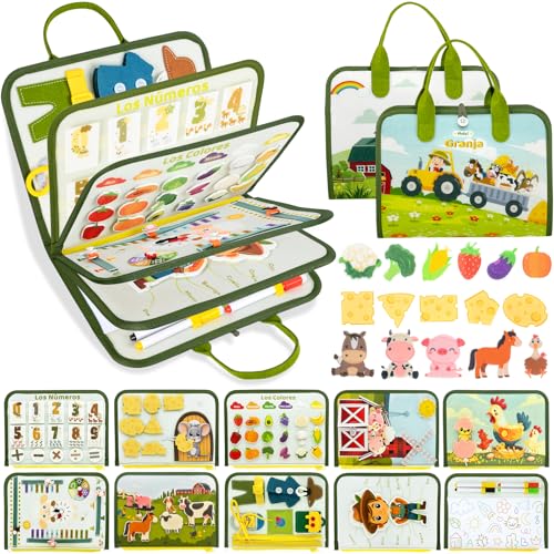 Español Busy Board Juguetes Montessori,10 en 1 Granja Tablero Sensorial Montessori,Motricidad Fina Juguetes Niños 1 2 3 4 Años,Juegos Educativos de Aprendizaje,Regalos Niños Niñas Cumpleaños Navidad