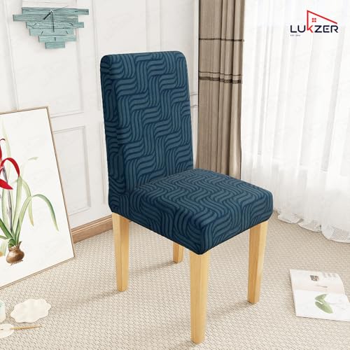 Image of Lukzer Elastic Dining Chair Cover - 1PC Pastel Marine Blue Ripple Lines | Textured High Stretch Jacquard Seat Cover | Removable Washable Short Dining Chair Cover Protector Seat Slipcover | (CC-166-01)