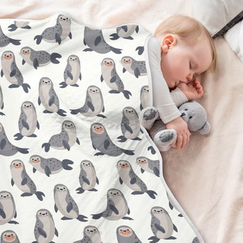 Image of Cute Fur Seal Baby Swaddle Blanket for Boys and Girls, Muslin Baby Receiving Swaddle Blanket, Soft Cotton Nursery Swaddling Blankets for Newborn Toddler Infant