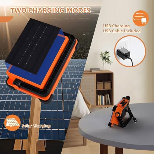 Image of 120W Solar Rechargeable Work Light, 144 LED 10000LM Portable Flood Light with Stand, IP66 Waterproof 4 Modes LED Job Site for Mechanic Camping Fishing Car Repair (Orange 1 Pack)