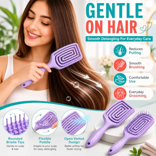 Image of BRAND VILLA Detangling Hair Brush for Women & Men | Anti Hair Fall Comb for Wet & Dry Hair | Flexible Vent Paddle Brush with Scalp Massager | Frizz Control for Curly, Straight, Thick, Long & Wavy Hair (Purple)
