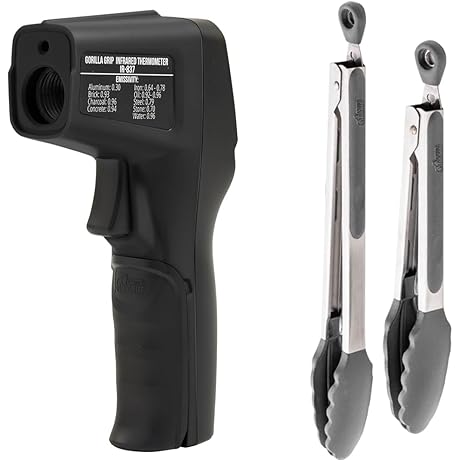 Gorilla Grip Original Infrared Thermometer and Stainless Steel Heat Resistant BBQ Kitchen Tongs