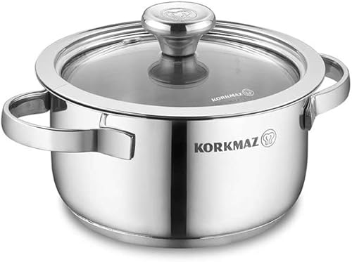 Miniatura 2 de Korkmaz Minika - Ollas de cocina de acero inoxidable con tapas de vidrio, cazuelas de acero, utensilios de cocina multiusos KORKMAZ MINIKA INOX 12