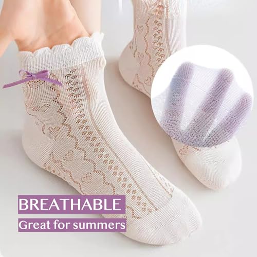 Girls' Summer Thin Cotton Princess Socks 5 Pairs, Purple Mesh Floral Kids Anklet Mid-Calf Socks with Eyelet Trim3