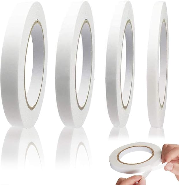 4 Rolls White Double Sided Tape, XCOZU Strong Double Sided Sticky Tape, Double Sided Adhesive Tape for Arts DIY Crafts Photos Scrapbook Card Making Gift Wrapping Wallpaper8mm/12mm/18mm/24mm