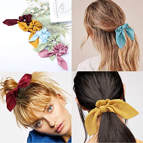Milacolato 15 Pcs Hair Scarves Hair Ties Scrunchies Chiffon Floral Scrunchie Hair Bow Ties Ponytail Holder Scrunchy 2 in 1 Vintage Accessories for Women