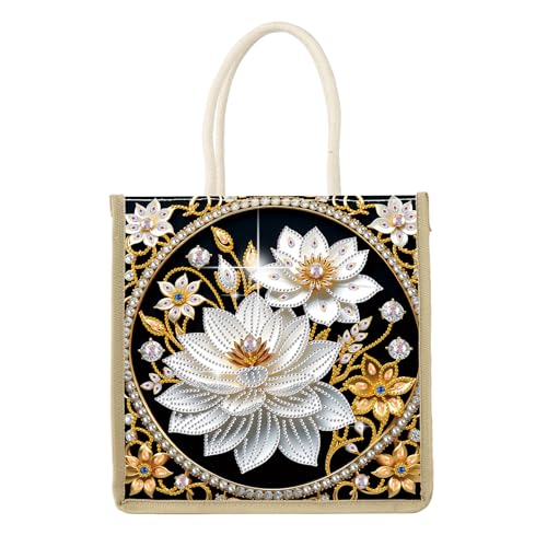 antor DIY Diamond Painting Tote Bag Kit for Adults Lotus Flower Elegant Diamond Art Handbag Craft Storage Bag Crystal Art Diamond Painting Bag for Casual Shopping Travel Daily Use Gift