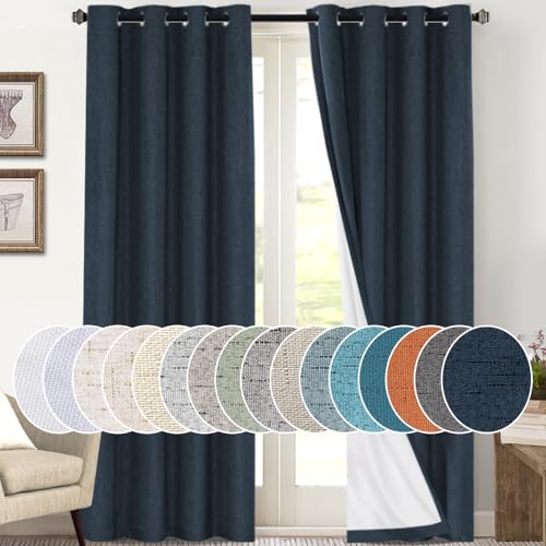 Image of PrinceDeco Linen Blackout Curtains 108 Inches Long Thermal Insulated Textured Blackout Curtains 2 Panels Set Grommet Textured Curtains with White Liner for Bedroom Living Room(52x108 inch,Navy)