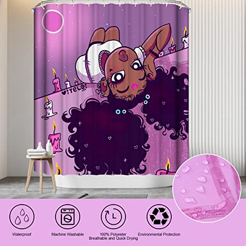 4Pcs Cute Hair Black Girl Shower Curtain Set, African American Lady Bathroom Sets With Non-Slip Rug, Toilet Lid Cover And Mat, Cool Girl With Moon And Candles Bath Decor With 12 Hooks, 72" X 72" #TOP4