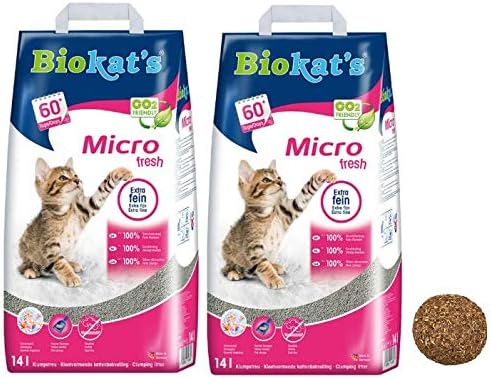 Biokat Micro Fresh Cat Litter 28L Summer Scented Antibacterial Disposable And Hypoallergenic Hygiene Pure Fibres Particles With Smell Control Formula Combined With 4.5cm Natural Catnip Ball
