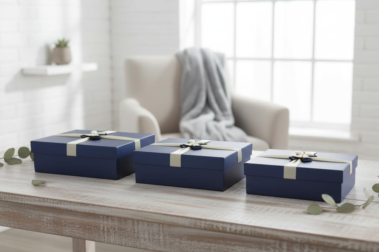 Emartbuy Lot de 3 boites cadeaux rigides - Boîte bleue avec couvercle - Ruban satiné bleu crème et papier déchiqueté de 200 g - Noir