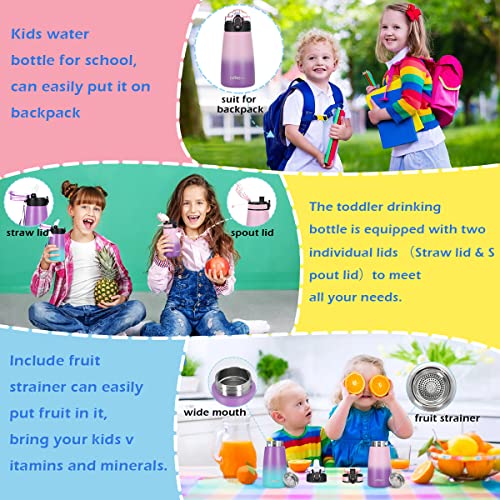 Goppus Kids Insulated Water Bottle 12 Oz Double Wall Vacuum Stainless Steel Kids Cup Leakproof Metal Water Bottles With Straw & Spout Lid Strap Handle 10Pcs Stickers For Toddler Girls Boys School #TOP5