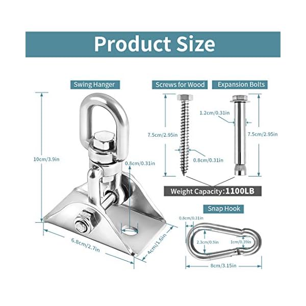 Innovative 1100 LB Capacity 2 PCS Stainless Steel 304 Heavy Duty Swing Hangers & Snap Hooks for Concrete Wooden Sets Trapeze Yoga Swingset Hammock Swing - Image 5