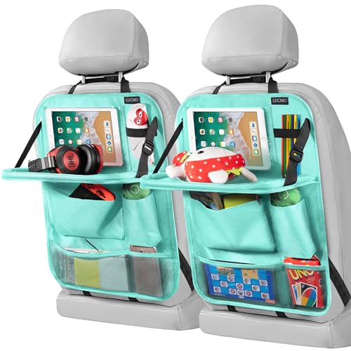 Image of LUCMO Car Backseat Organizer with Foldable Tablet Holder, Light Blue | 2 Pcs,6 Storage Pockets,Foldable Food Tray,Protectors Kick Mats,Travel Accessories,Seat Cover,Road Trip Essentials