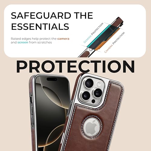 Image of PULOKA Chrome Leather Back Case - Compatible with iPhone 16 Pro - Luxury Bumper Case - Flexible Vegan Leather - Electroplated Sides & Logocut - Full Camera Protetection & Raised Edges - Brown