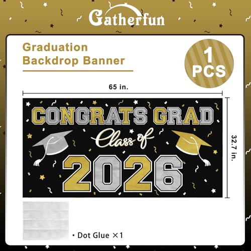 Image of 2026 Graduation Party Plastic Backdrop - 65 inch x 32.7 inch Congrats Grad Banner in Black, Large Class of 2026 Decorations, Photography & Grad Party Supplies