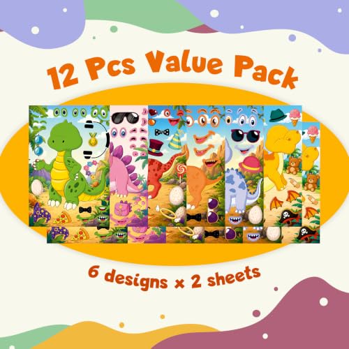 Image of CodersParadise Dinosaur Make-a-Face Sticker Activity Set, 12 Sticker Sheets, Mix & Match Dinosaur Face Stickers, DIY Craft for Kids, Birthday Party Favors, Classroom Activities, Goodie Bag Fillers