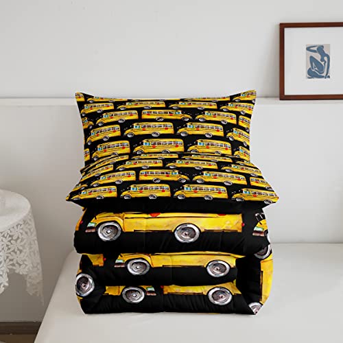 Erosebridal Yellow School Bus Bedding Set Vehicles Comforter Set Twin Size,Boys Cool Automobile Truck Transportation Duvet Insert For Kids Child Teens,Kids Car Theme Room Decor,Black #TOP4