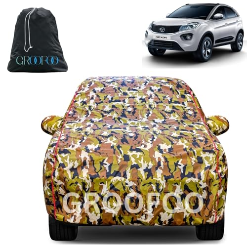 Image of GROOFOO Car Cover Compatible with Tata Nexon | Camouflage, Waterproof, Dustproof, UV Protection | Military Jungle Design | Custom Fit, Triple Stitched | All Weather Body Cover