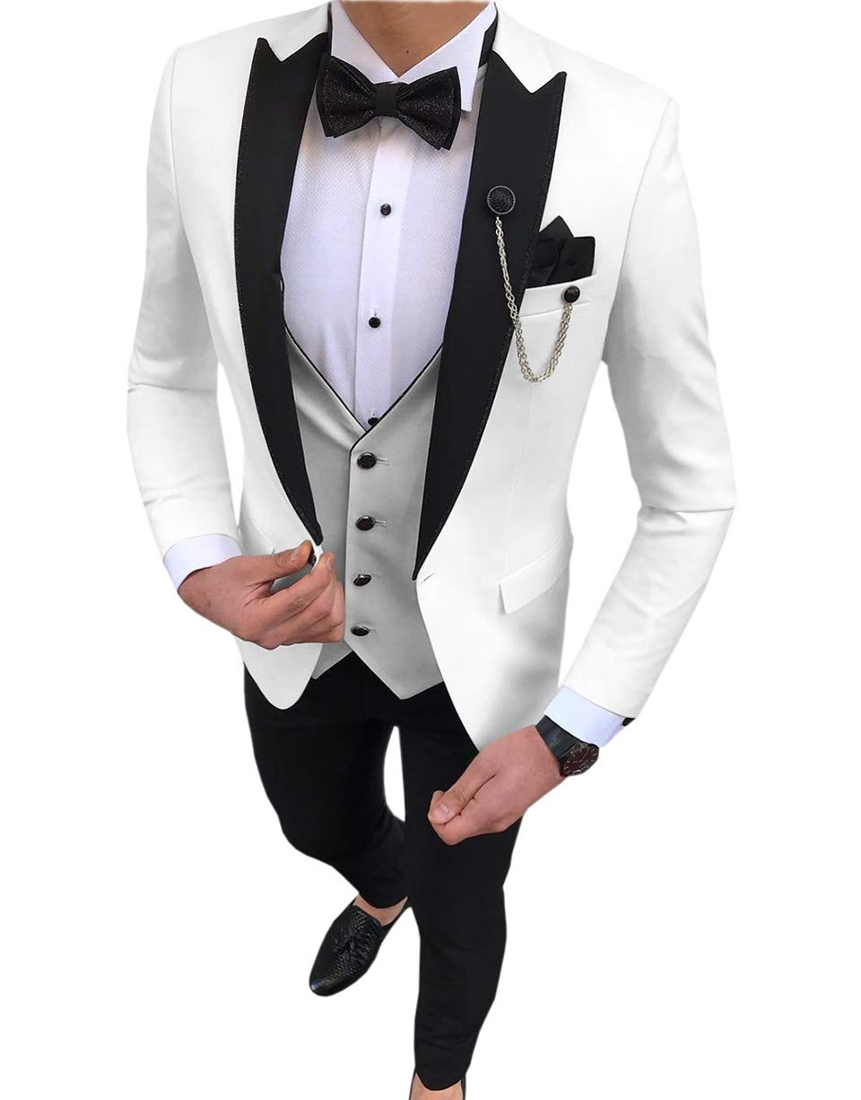 Leader of the Beauty Mens 3pcs White with Black Peak Lapel Wedding Suits Slim Fit Groom Tuxedos Suits Casual